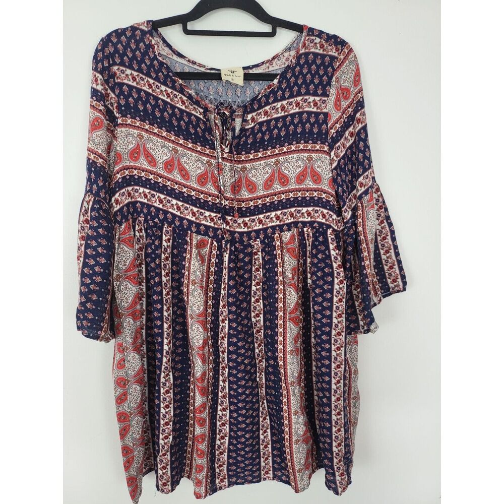 Spade‎ & Heart Blouse Small Womens Long Flounce Sleeve Key Hole Boho Multicolor